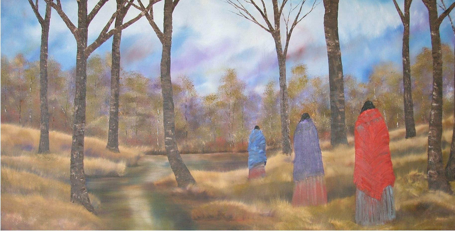 THREE FIGURES WALKING BESIDE A CREEK AT SUNSET.