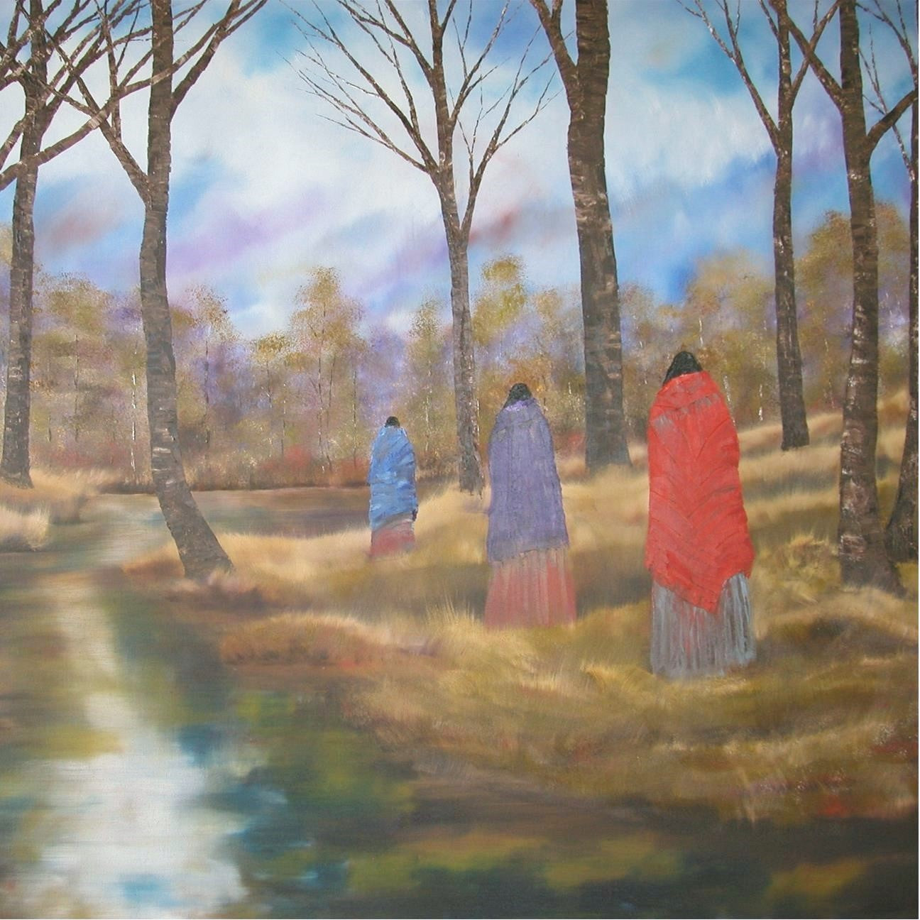 THREE FIGURES WALKING BESIDE A CREEK AT SUNSET.