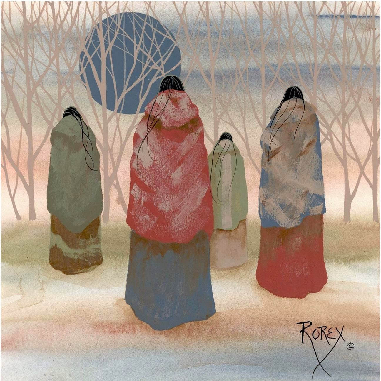 FOUR INDIAN WOMEN WALKING TOWARD WOODS