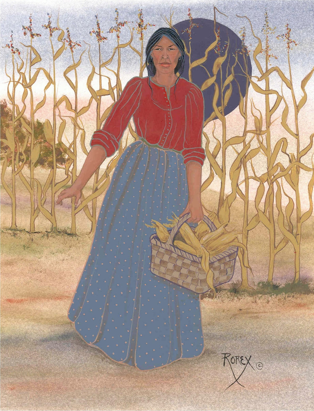INDIAN WOMAN CARRYING BASKET OF CORN