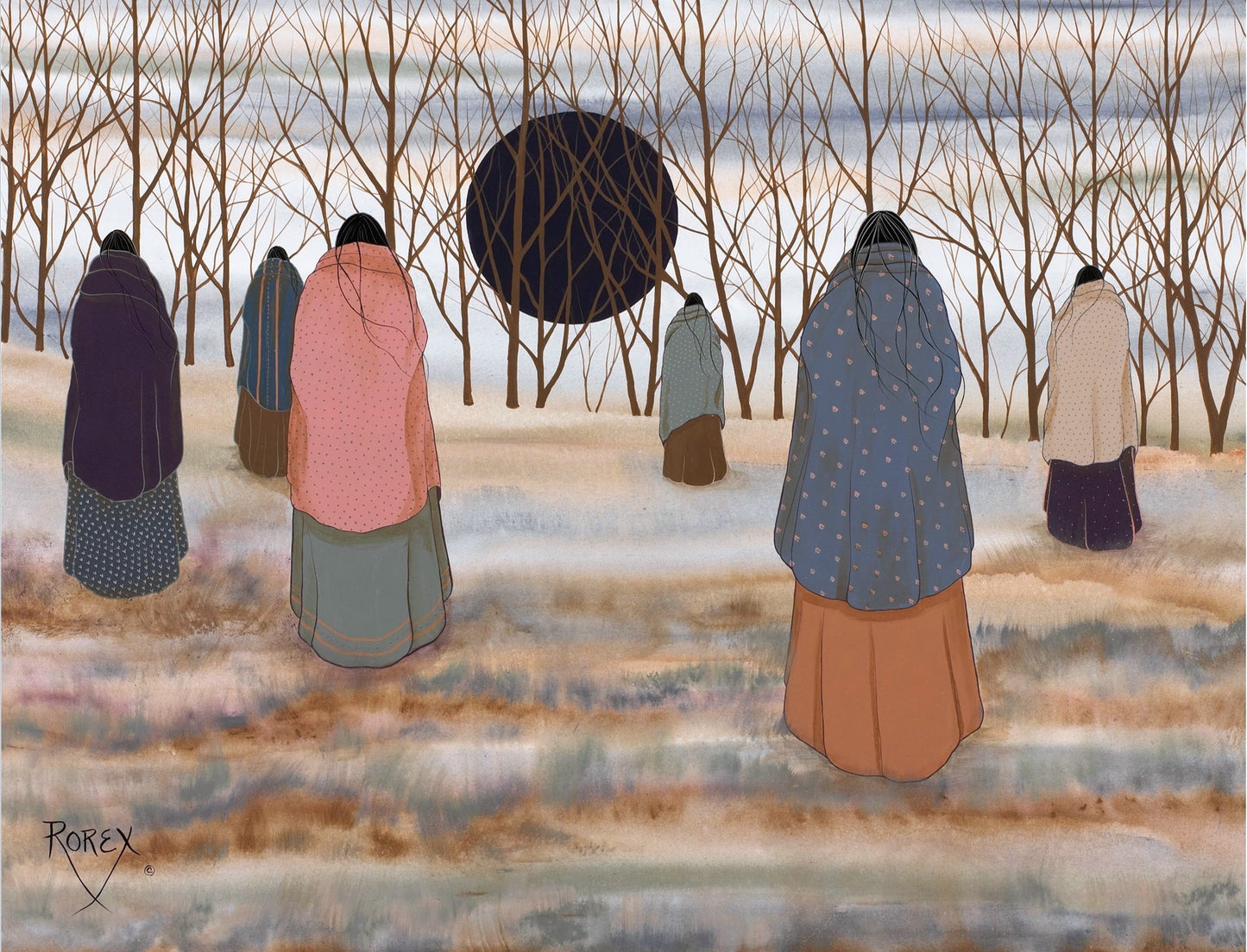 Six tribal women in brightly colored blankets walking toward the woods 