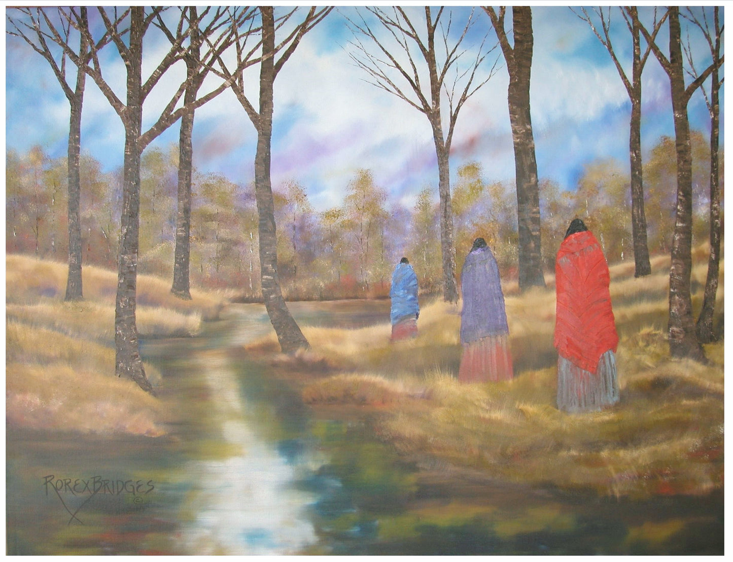 THREE FIGURES WALKING BESIDE A CREEK AT SUNSET.