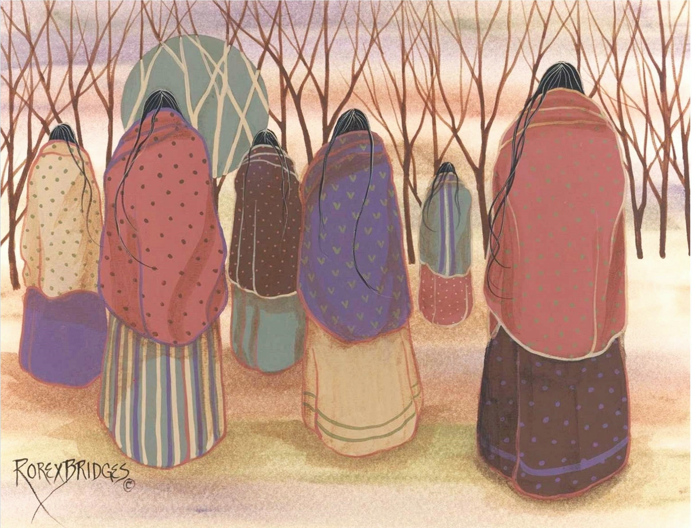 Six tribal women in brightly colored blankets walking toward the woods 