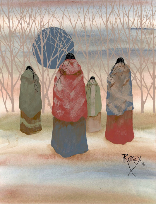 FOUR INDIAN WOMEN WALKING TOWARD WOODS