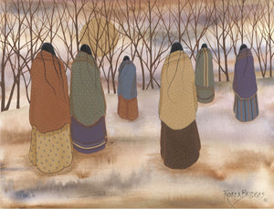 WARM EARTHY COLORS WITH 6 FIGURES WALKING TOWARD THE WOODS