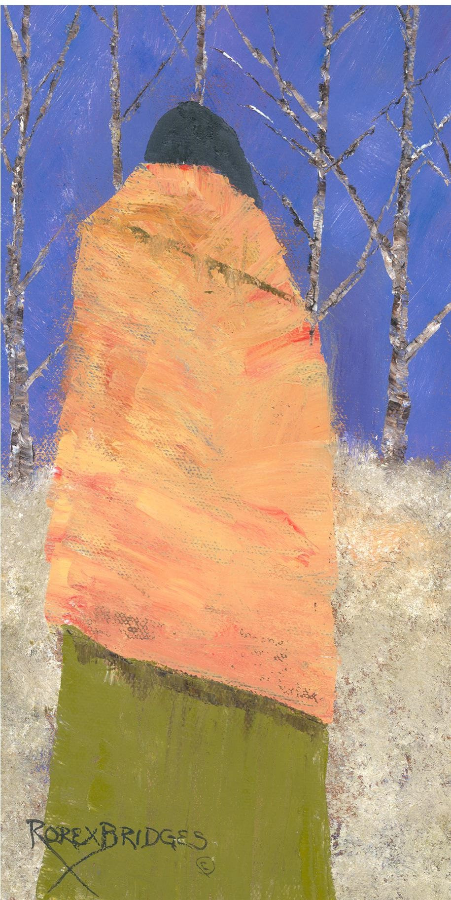 BIRCH TREES BEHIND WOMAN WITH YELLOW BLANKET