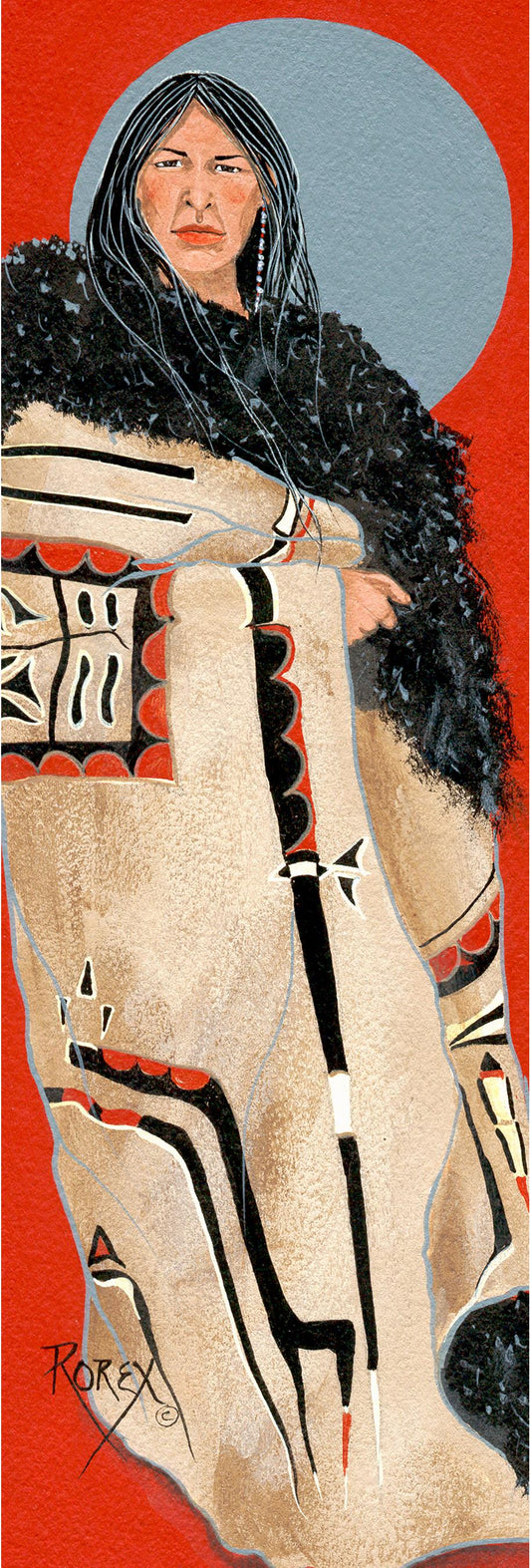 DECORATED BUFFALO ROBE ON PLAINS WOMAN